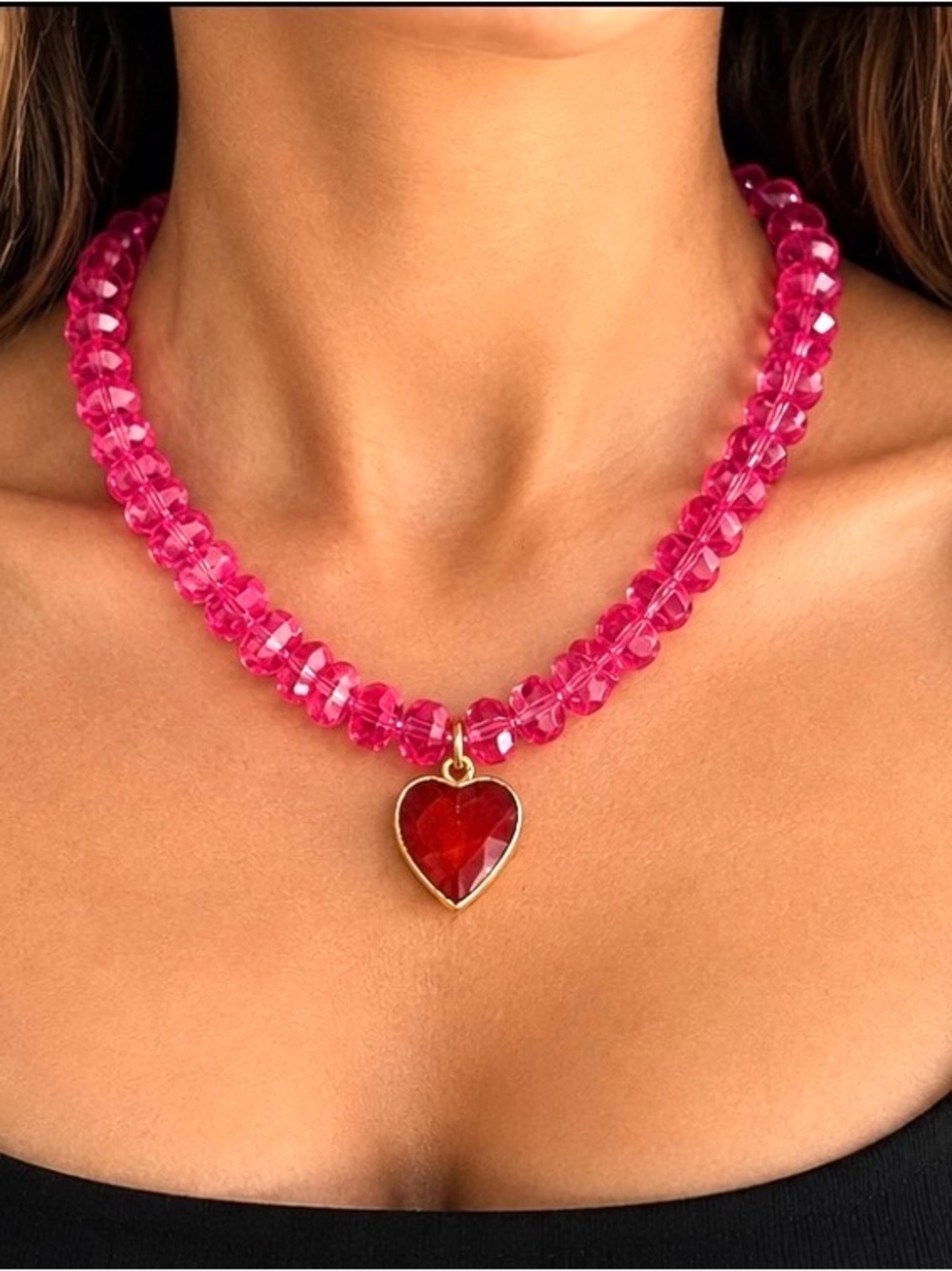 Gold Heart Pendant Pink Beaded Necklace